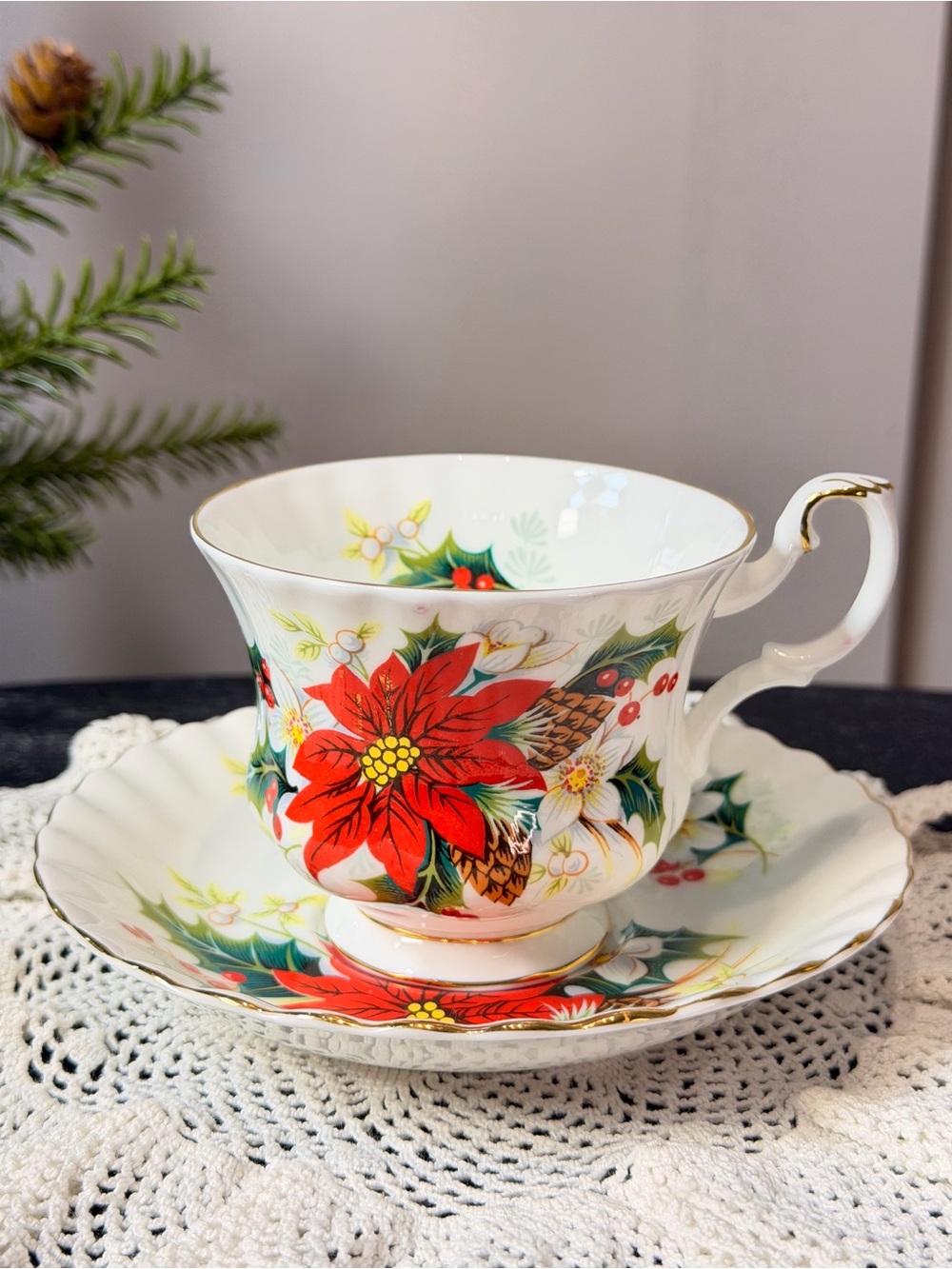 Royal Albert Poinsetta" Tea Cup and Saucer Christmas Poinsettia Bone China